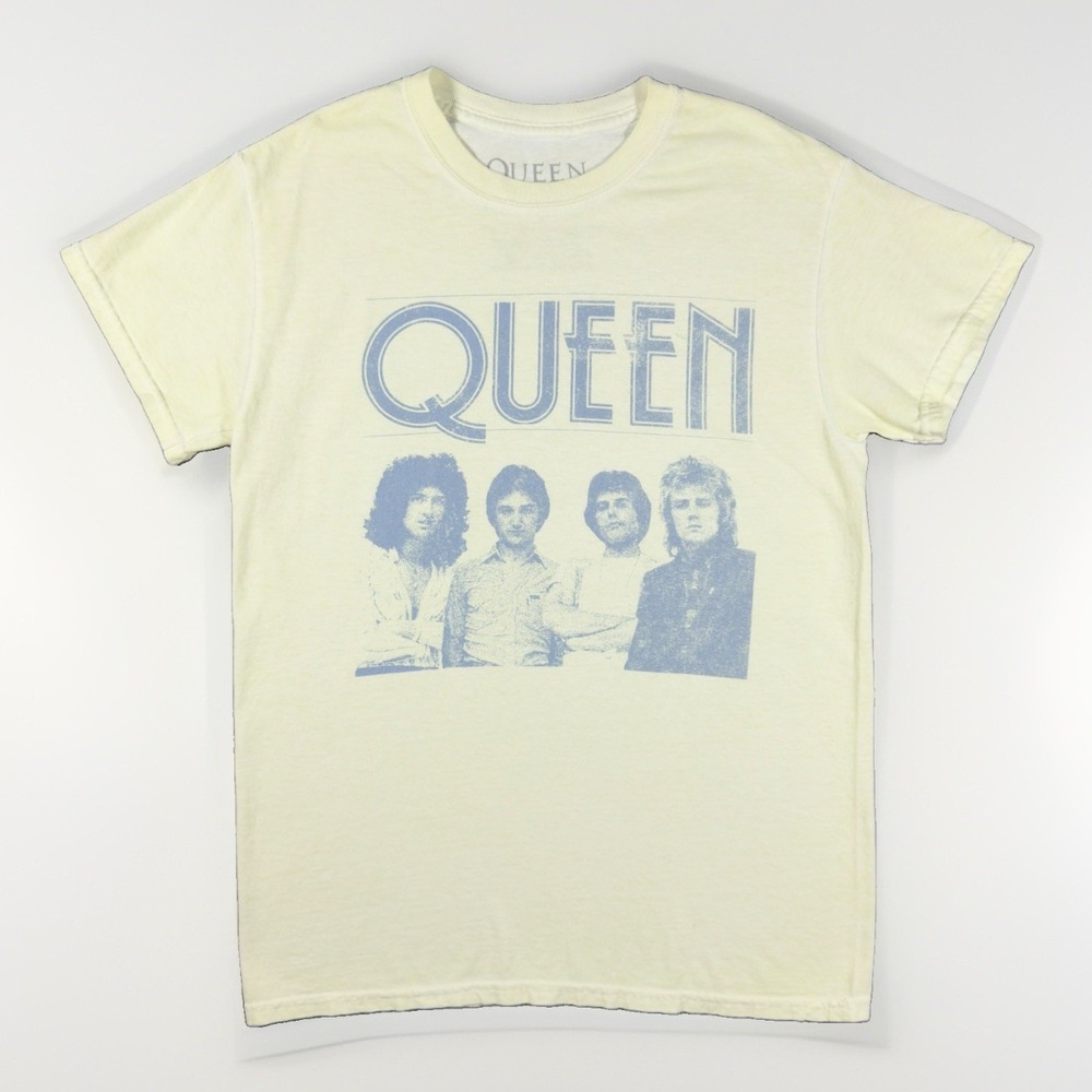 Queen Official Merch Band T Shirt Womens Small Pale Yellow Blue Graphic Cotton